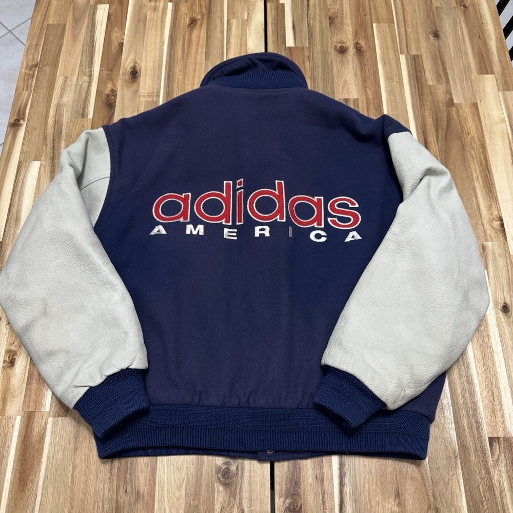 Vintage Adidas Varsity Jacket Mens M Blue America Olympics Leather Sleeve 80s